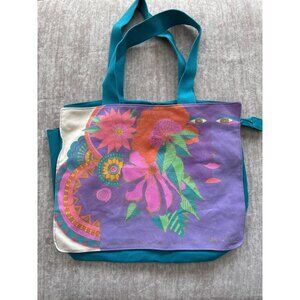 Vintage Laurel Burch Canvas Tote Bag With Floral Art Design & Zipper Closure